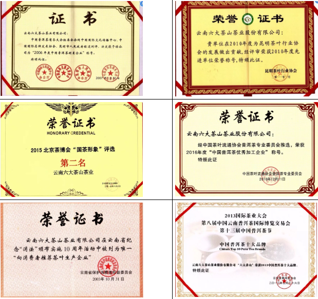 六大茶山公司类荣誉证书