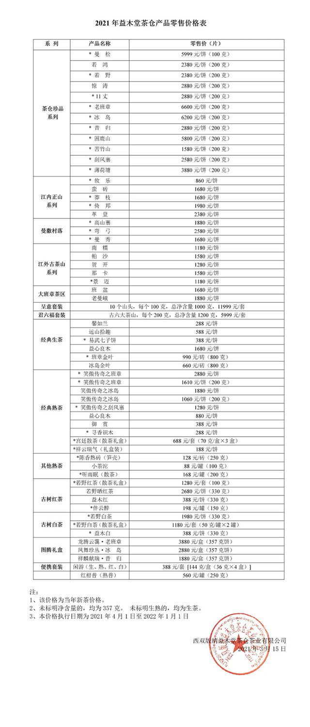 2021年益木堂产品执行价格