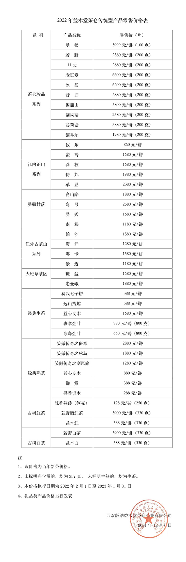 益木堂2022年普洱茶价格表