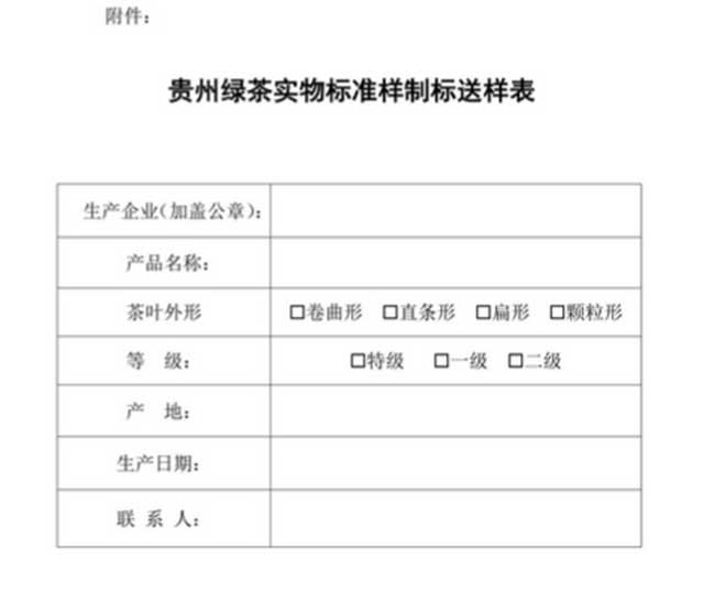 贵州绿茶实物标准样制标送样表