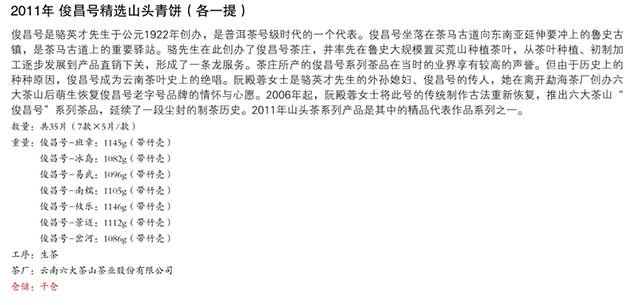 中国嘉德春季大型拍卖会2011年俊昌号精选山头青饼