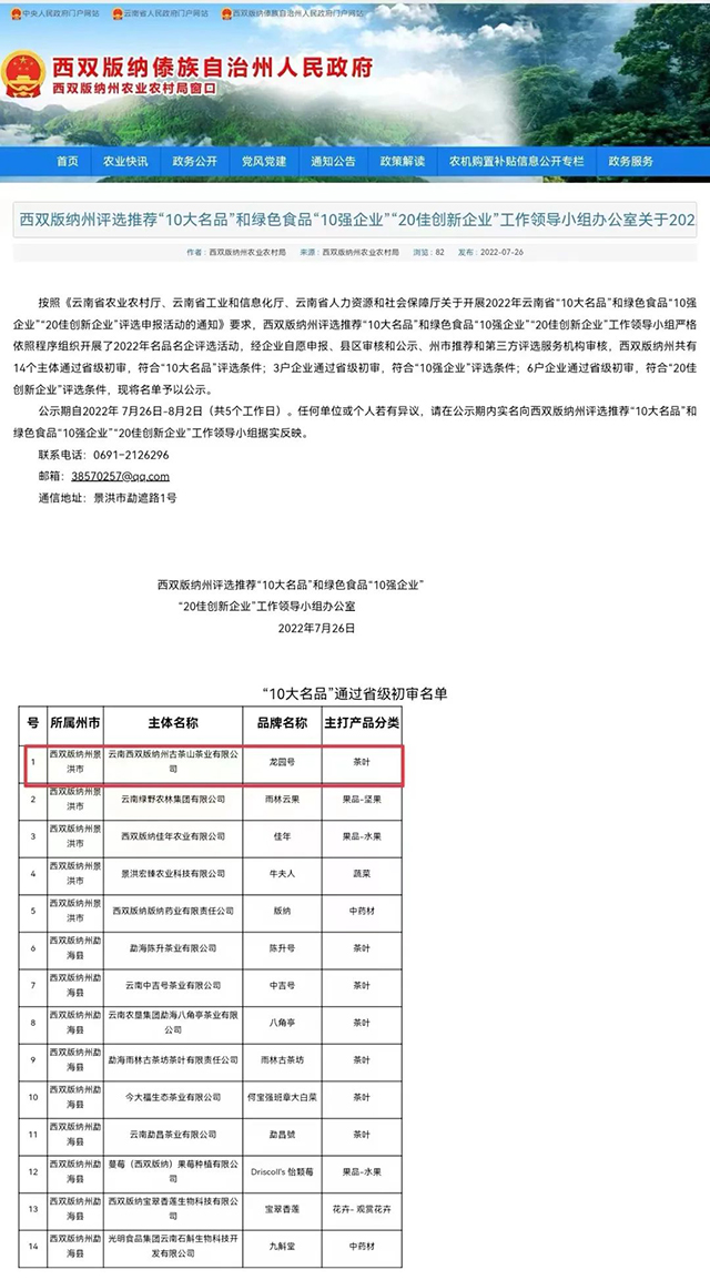 龙园号入选2022年西双版纳州评选推荐云南省10大名品