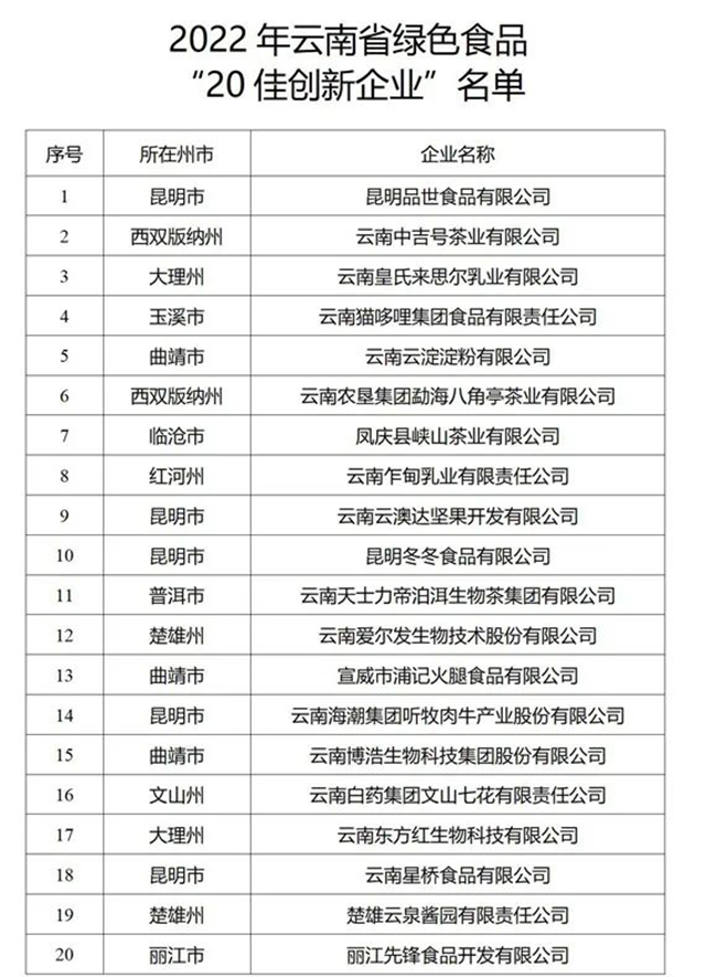 2022年云南省20佳创新企业