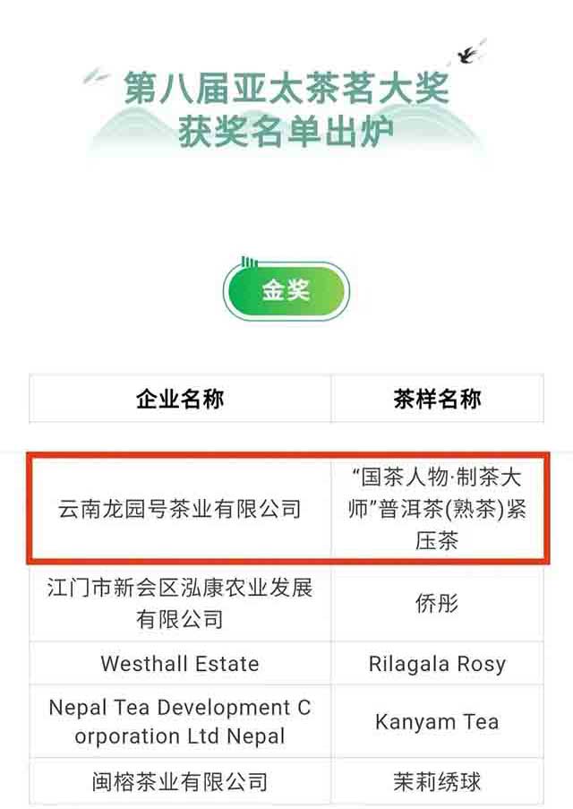 第八届亚太茶茗大奖揭晓龙园号喜添金奖