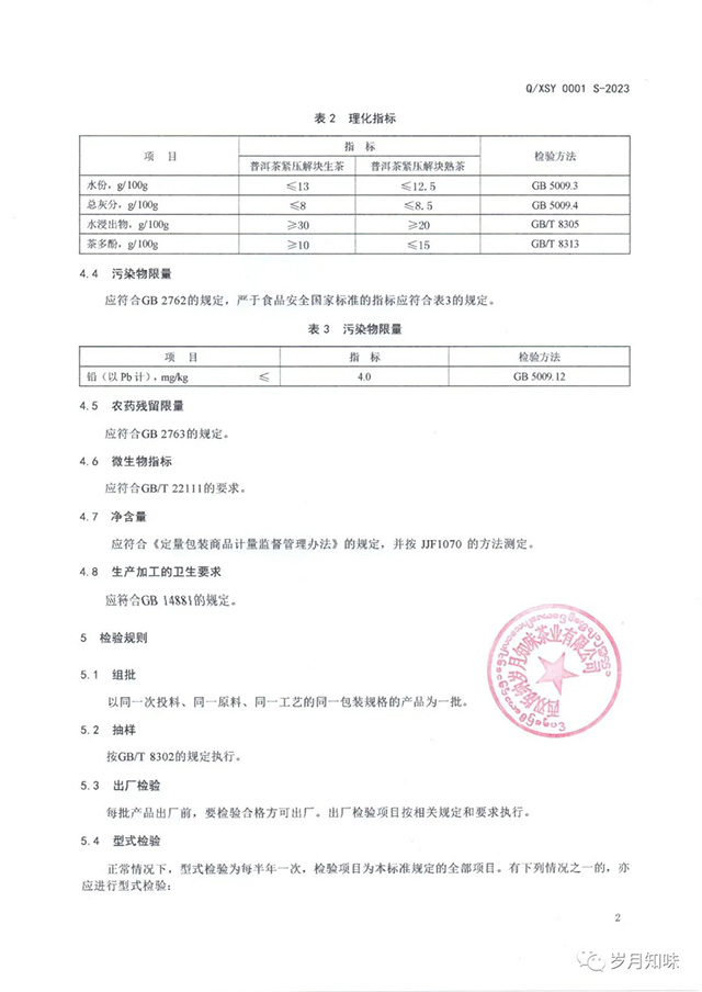 西双版纳岁月知味茶业有限公司普洱茶紧压解块茶企业标准