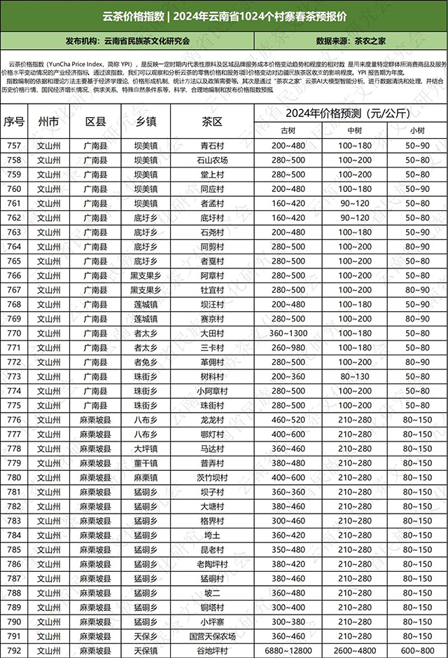 2024年云南普洱茶春茶价格预测表