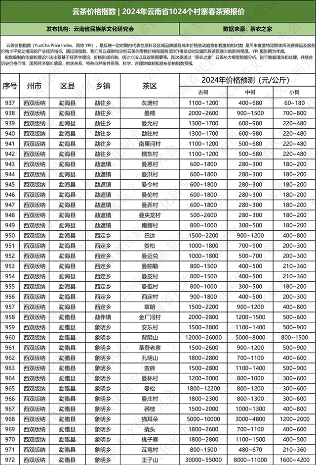 2024年云南普洱茶春茶价格预测表